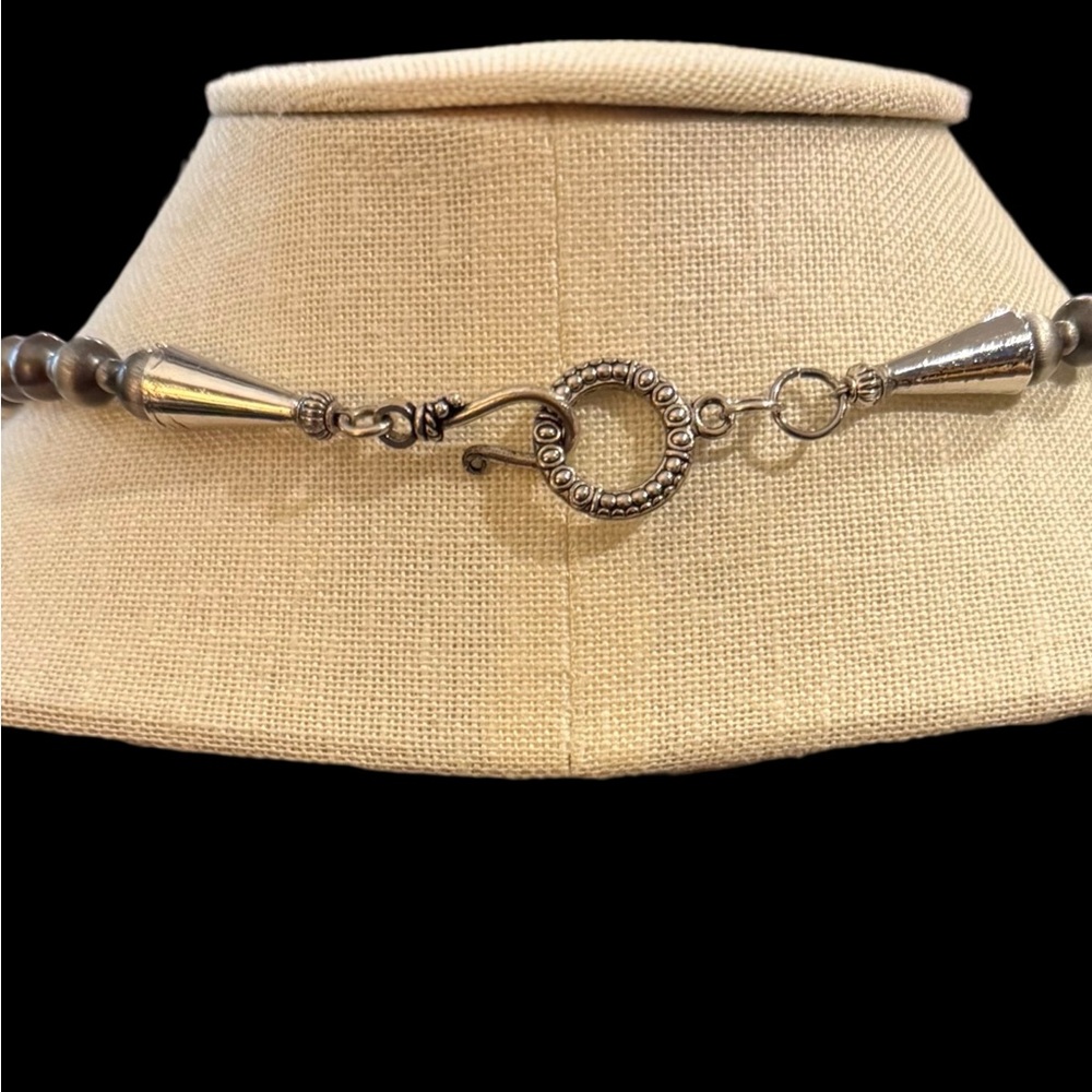 Turquoise Sterling Silver Navajo Pearls Squash Blossom Bell Pendant Necklace - Picture 7 of 8